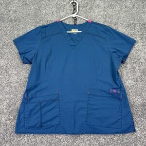 WonderWink Scrub Top Womens XL Blue WonderFLEX V-Neck Pockets Stretch Uniform